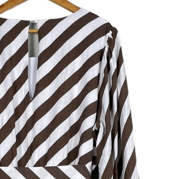 Lane Bryant Blouson-Sleeve Ruffle Hem Brown White Stripe Print Size 24 NEW - Picture 13 of 14